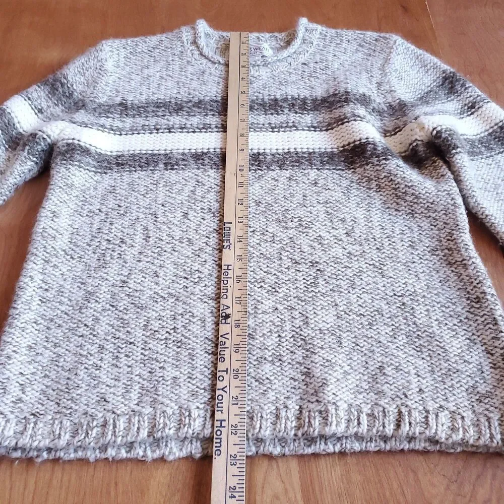 VTG Roll Neck Sweater Sz L Wool Blend Chunky Fisherman Beige Neutral Stripe